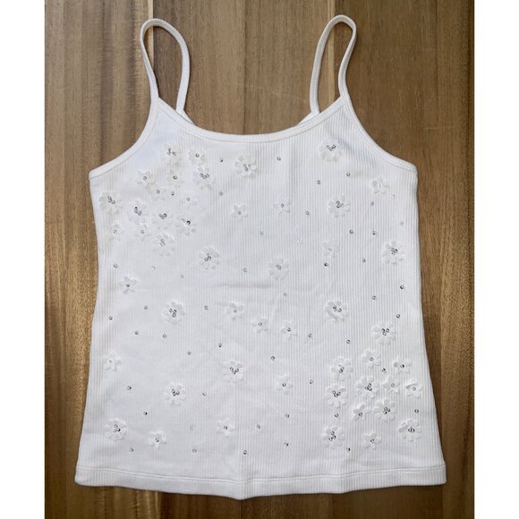 A New Day Womens White Floral Embellished Ribbed Tank Top With Spaghetti Straps - Picture 15 of 15